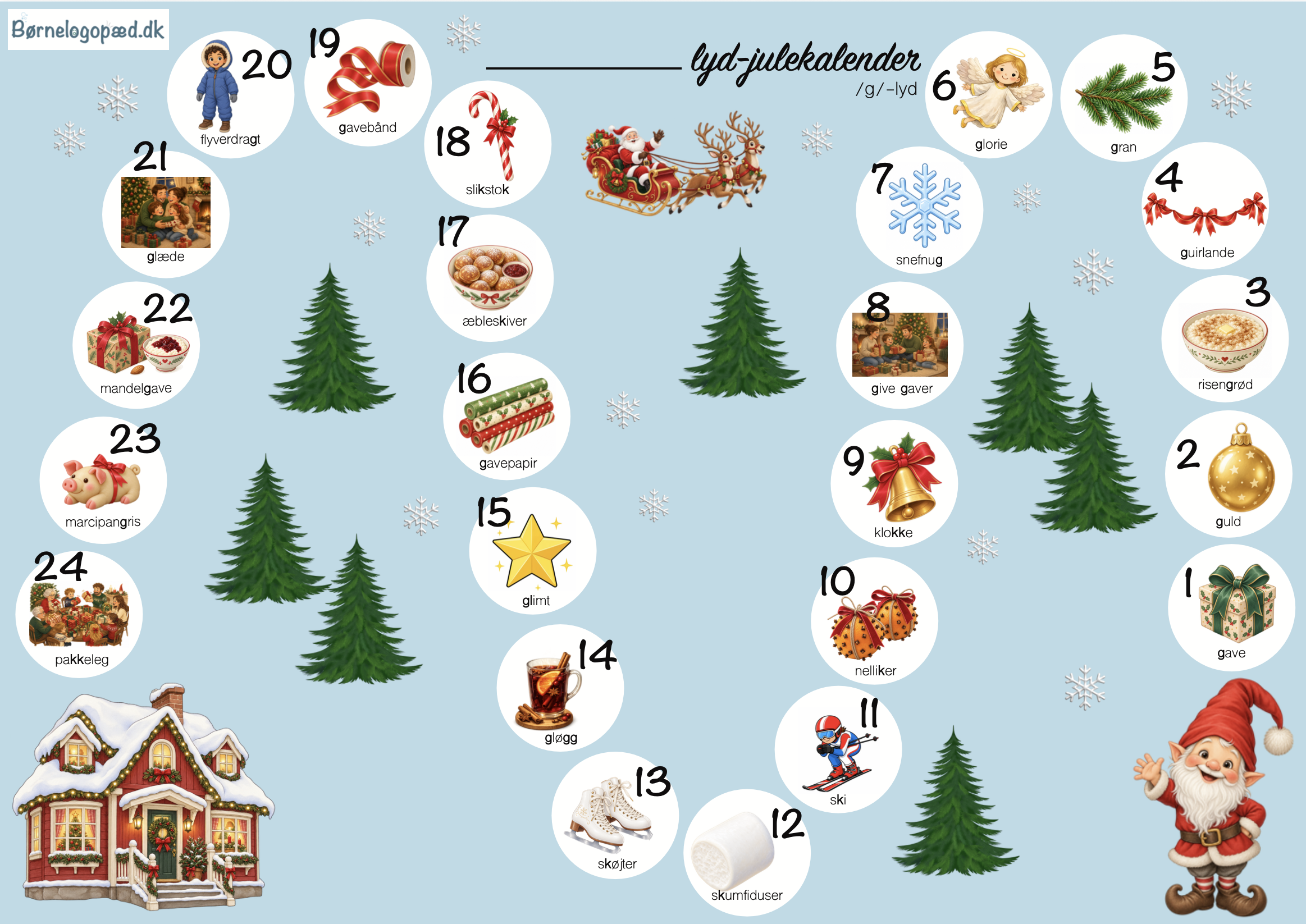 Julekalender: Daglige øveord til træning af /k g j/-lyd og klynger