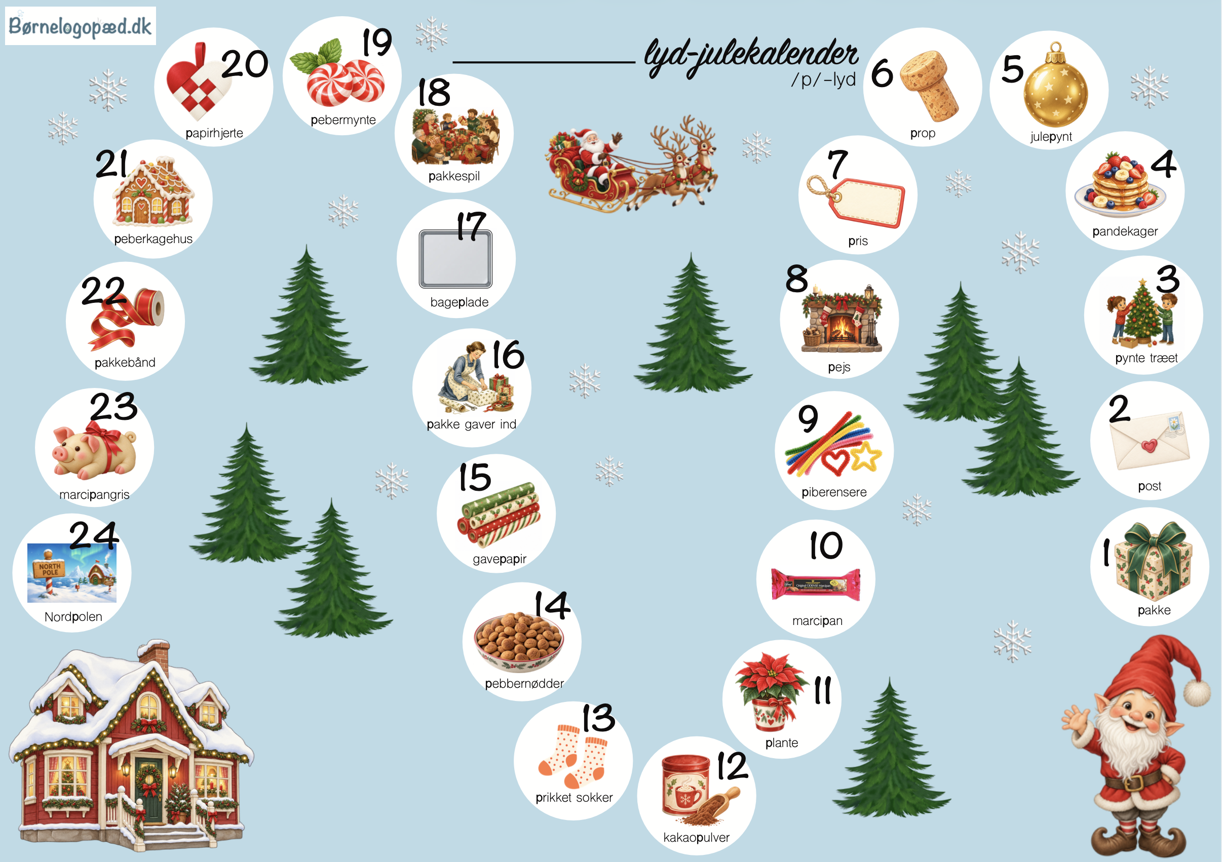 Julekalender: Daglige øveord til træning af /p/-lyd og klynger